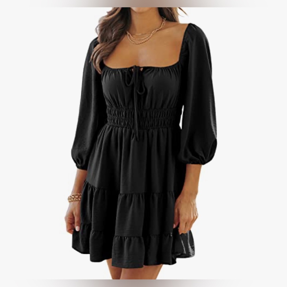 Mini Dress Women's Large Black Square Neck 3/4 Puff Sleeve Tiered Dresses Size S